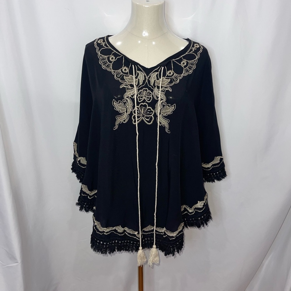 Black Boho Poncho with Cream Embroidery